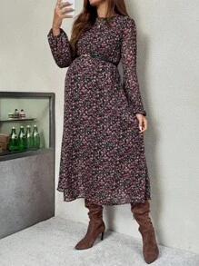 SHEIN Fall Clothes,Autumn Clothes,Maternity Autumn Clothes Maternity Maternity Floral Print Crew Neck Long Sleeve Dress Ditsy Floral Dress Fall Dresses For Women Long Sleeve Midi Dress Autumn Dress Wildflower Dress - Black - View 7