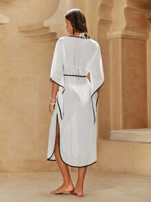 Swim Chiccia 女式夏季海滩度假撞色饰边喇叭袖和服罩衫 - 白色 - 查看 2