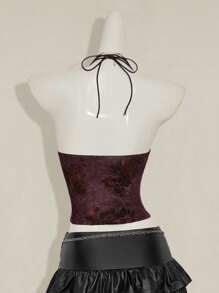 SHEIN ICON Women's Retro Green Flocked Jacquard Deep V-Back Criss-Cross Strap Sexy Backless Tank Top - Burgundy - View 3