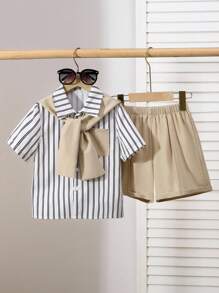 Souflis Souflis Conjunto de 3 piezas para niño pequeño: camiseta de manga corta con estampado de rayas + chal + pantalones cortos de cintura elástica