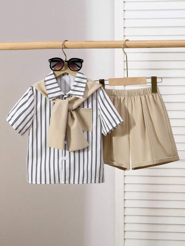 Conjunto de 3 piezas para niño pequeño: camiseta de manga corta con estampado de rayas + chal + pantalones cortos de cintura elástica