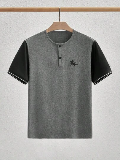 Manfinity VCAY Camiseta de punto con cuello Henley de diseño de bloques de color casual y de negocios para hombres, camisa Henley gris y negra para hombres, camiseta casual para hombres, camiseta de manga corta Henley para hombres, tops de verano para hombres, tops casuales para hombres