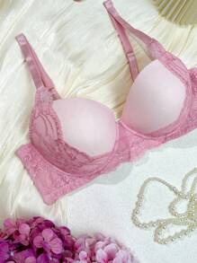 Plus Size Lace Patchwork Sexy Camisole & Wireless Bra Pink Lace Bra Lace Push Up Bra Cute Bra - Pink - View 4