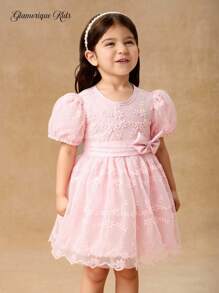 SHEIN Glamorique Kids Baby Girl Spring/Summer Light Pink Puff Sleeve Floral Lace Ruffle Princess Dress - Pink - View 1
