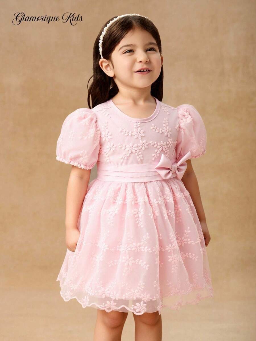 SHEIN Glamorique Kids Baby Girl Spring/Summer Light Pink Puff Sleeve Floral Lace Ruffle Princess Dress - Pink - View 1