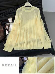 SHEIN Privé 大码休闲圆领插肩袖蝴蝶结装饰毛衣女秋冬装 - 黃色 - 查看 5