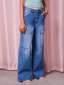 COUREZ 修身低腰牛仔裤，带口袋细节 / Y2K 夏季服装 低腰牛仔裤 外出穿搭 街头服饰 - 中等水洗藍 - 查看 4