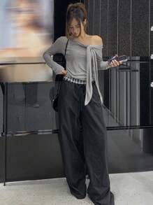 DAZY 女式露肩蝴蝶结袖口长袖修身T恤秋季上衣 - 灰色 - 查看 3