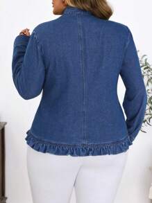 SHEIN Plus Size Casual Vacation Washed Plain Denim Jacket - Medium Wash - View 2