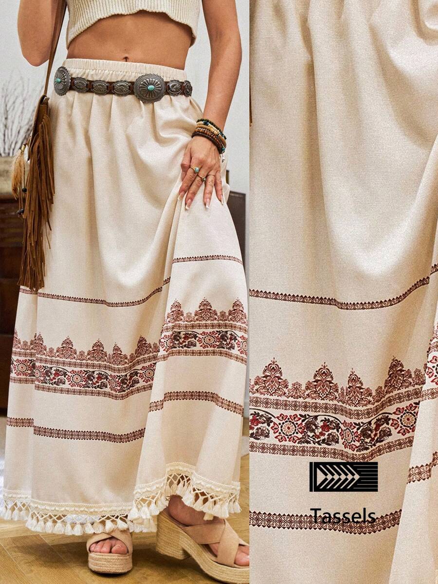 LanaWest 女士休闲花卉印花松紧腰拼布流苏裙，假日风格 - 杏色 - 查看 1