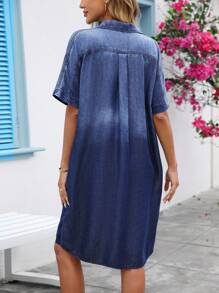 EMERY ROSE Women's Loose Lapel Collar Pocket Casual Short Sleeve Dress - Dark Wash - View 2