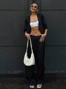 Livesso 2pcs Women V-Neck Striped Blouse And Casual Pants Set Lounge Sets For Women - Blue and White - View 3