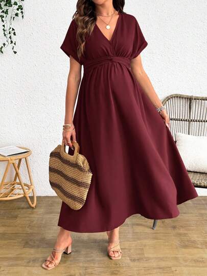Cheriluna Maternity Maternity V-Neck Twist Waist Short Sleeve Elegant Swing Dress, Summer