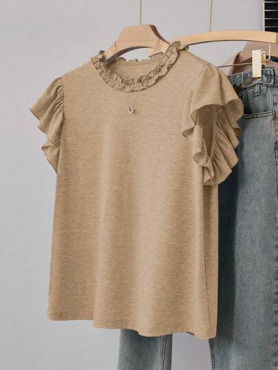 Franclia 女士蕾丝边圆领喇叭袖宽松灰色 T 恤，休闲通勤、外出、旅行、上学、聚会、家庭活动，百搭春夏季