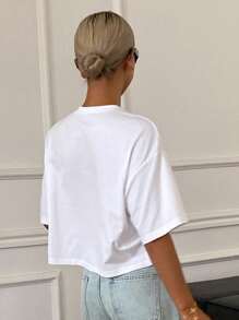 Livesso Pleated 3D Flower Loose Short Sleeve Cropped Round Neck Casual Summer Top For Women