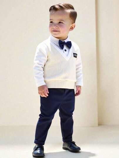 2pcs Baby Boy Cute Preppy Gentleman Style 2 In 1 Colorblock Knit Long Sleeve Polo Shirt With Bowknot + Casual Solid Color Elastic Waist Pants Set, Suitable For Spring/Autumn, Birthday Party, Wedding, Christening, 1st Birthday, Daily Wear Fall Winter