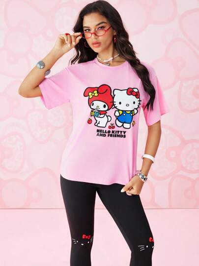 HELLO KITTY AND FRIENDS | SHEIN Women Summer Casual Cute Cartoon Letter Print Drop Shoulder Loose T-Shirt & Leggings Set