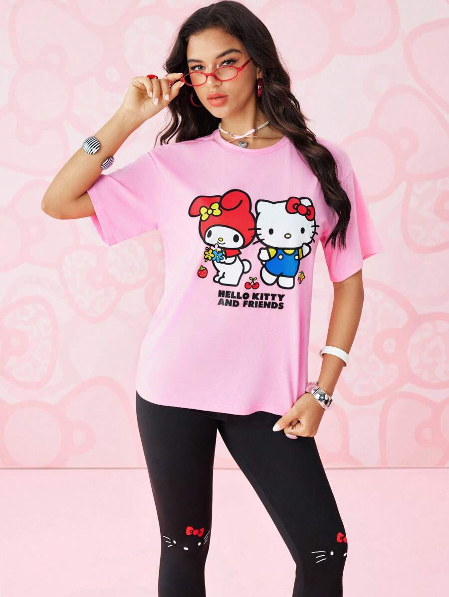 HELLO KITTY AND FRIENDS | SHEIN Women Summer Casual Cute Cartoon Letter Print Drop Shoulder Loose T-Shirt & Leggings Set - Pink - View 1