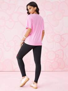 HELLO KITTY AND FRIENDS | SHEIN Women Summer Casual Cute Cartoon Letter Print Drop Shoulder Loose T-Shirt & Leggings Set - Pink - View 2