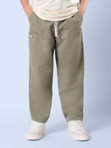 SUMWON 青年斜纹筒形斜纹裤休闲秋季校服宽松阔腿抽绳长裤 - 軍綠色 - 查看 3