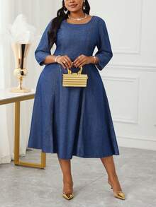 SHEIN Lady Váy denim định hình eo giặt thường ngày cỡ lớn, quần áo mùa thu cho nữ, váy mùa đông, váy mùa thu cho nữ, trang phục Halloween cho nữ, quần áo Giáng sinh cho nữ, váy dự tiệc dài năm mới, váy thường ngày cho nữ, váy dài thường ngày - Rửa tối - Xem 5