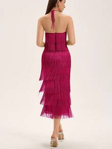 Aveloria Rosie Vestido fluido bohemio sin espalda con cuello cruzado y flecos en múltiples capas de unicolor para mujeres - Rosa Fucsia - Ver 2