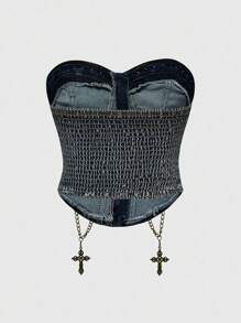 ROMWE Avant Áo yếm denim kim loại mặt chữ thập cổ điển cỡ lớn có họa tiết cổ điển - Màu xanh lam - Xem 2