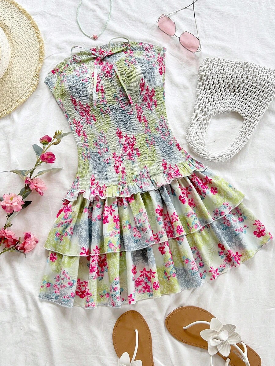 Soleia Women's Bodycon Ruffled Floral Print Bandeau A-Line Dress With Multi-Layer Ruffle Hem, Blue - Multicolor - View 1