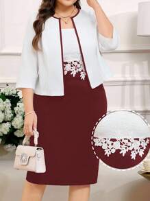 SHEIN Clasi 2 Stücke Set in Übergröße – Elegantes Slip-Kleid aus Spitzen-Patchwork und Cardigan-Set mit Kontrastbesatz