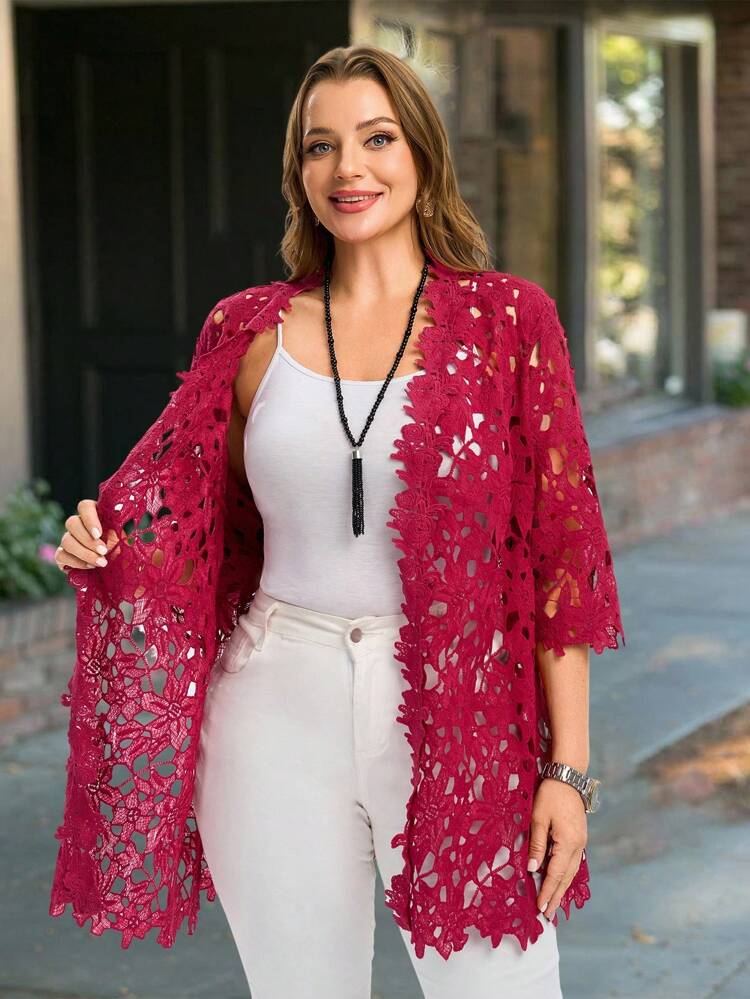 Abrigo de kimono elegante de encaje de manga 3/4 de color rojo rosa para mujer de talla grande, abrigo suelto de frente abierto, para verano, otoño, vacaciones de verano, vacaciones, simple y de moda para uso diario, vibraciones de vacaciones, primavera, uso casual, bohemio, abrigo de encaje de talla grande para invierno