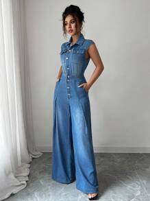 Elenzga Combinaison en jean à jambes larges avec design élégant de poche - Jean clair - Voir 3