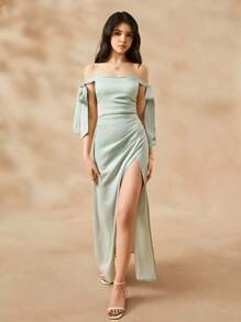 SHEIN Váy dài hở lưng bằng vải satin màu xanh bạc hà thanh lịch cho phù dâu tuổi teen, bé gái rải hoa, sự kiện khiêu vũ, thanh thiếu niên, mùa cưới - Màu xanh Bạc hà - Xem 3