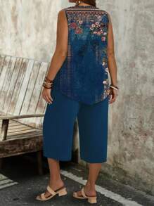 EMERY ROSE 休闲复古碎花宽松圆领背心和七分裤两件套，大码，适合夏季 - 彩色 - 查看 2