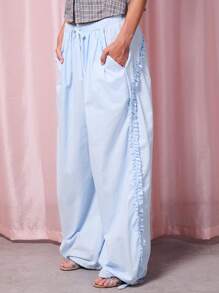 COUREZ 低腰荷叶边降落伞裤 / Y2K 夏季外出穿搭街头风夏季女装可爱 100% 纯棉复古 - 藍色 - 查看 6