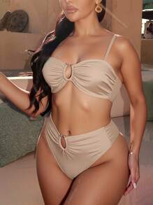 Swim Vcay 2pcs/Set Women's High-End Nylon Shiny Fabric Swimsuit With U-Neck Metal Decor Adjustable Straps, Bikini Set For Beach Holiday, Summer - Khaki - View 1