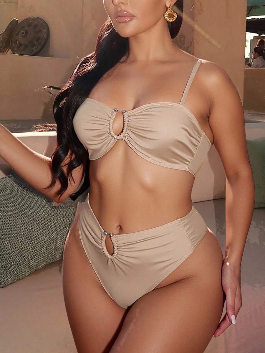 Swim Vcay 2pcs/Set Women's High-End Nylon Shiny Fabric Swimsuit With U-Neck Metal Decor Adjustable Straps, Bikini Set For Beach Holiday, Summer - Khaki - View 1
