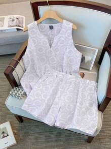 SHEIN Clasi Plus Size Women White Summer Elegant Silky Jacquard Woven Top & Elastic Waist Wide Leg Shorts Set,Tea Party Holiday Wear,Commuting Casual Outfit - Multicolor - View 1