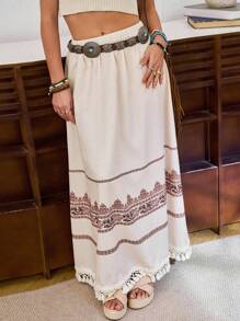 LanaWest 女士休闲花卉印花松紧腰拼布流苏裙，假日风格 - 杏色 - 查看 6