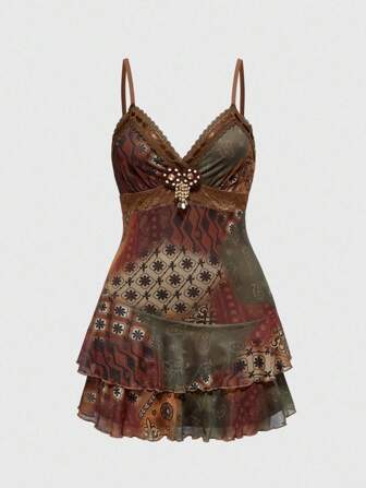 Hippie Plus Size Women's Retro Hippie Vintage Style Ruffled Ribbon Lace Paisley Print Dress