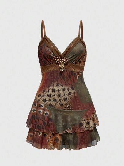 Abito vintage vintage hippie con stampa paisley, ruches e nastri di pizzo, disponibile anche in taglie forti per donne