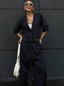 Livesso 2pcs Women V-Neck Striped Blouse And Casual Pants Set Lounge Sets For Women - Blue and White - View 4