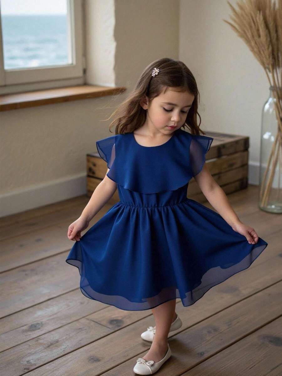 SHEIN Đầm hè đơn giản không tay cho bé gái, chất liệu vải ngọc trai, viền bèo nhún, cạp chun, màu trơn thoải mái, thích hợp mặc ngoài và ở nhà, đầm màu xanh navy cho bé gái, đầm màu xanh hoàng gia cho bé gái. - Màu xanh hải quân - Xem 1