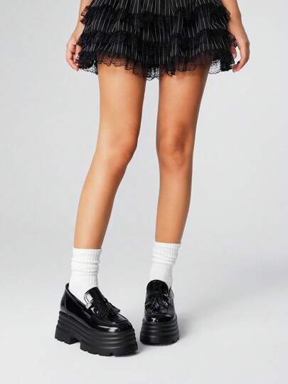 Goth Women's Black Leather Mary Jane Slip-On Loafers, Japanese School Uniform Style Shoes, Dress/Work Pumps With Platform & Chunky Heel