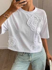 Livesso Pleated 3D Flower Loose Short Sleeve Cropped Round Neck Casual Summer Top For Women