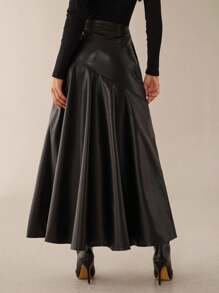 Lilora Women Casual/Office Wear Solid Color PU Leather Long Skirt Black Faux Full Asymmetrical Modest Outing For , Office Ladies, - Black - View 2