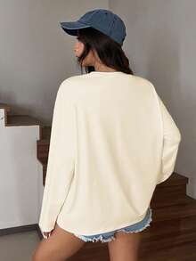 SHEIN EZwear Women's Knitted Fabric Apricot Letter Patched Casual Long Sleeve Crop T-Shirt With Round Neck Comfy Tops Long T Shirt For Women Underscrub Long Sleeve - Apricot - View 2