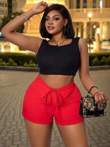 SHEIN Unity Pantaloni scurți la modă cu guler roșu și rever pentru femei de mărime mare - roșu - Vizualizare 1