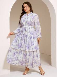 Veilorie Plus Size Women's Mandarin Collar Lantern Sleeve Floral Print Casual Loose Arabic Style Dress, Summer - Mauve Purple - View 6