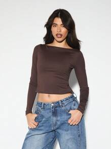 KIZN Top scurt cu detaliu la spate cu mânecă lungă, guler tip balet, mulat, petrecere, club, modă clasică, toamnă-iarnă - cafea maro - Vizualizare 2