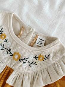 SHEIN Vintaside Kids 婴幼儿舒适秋季拼色荷叶边刺绣长袖休闲连衣裙 - 彩色 - 查看 4